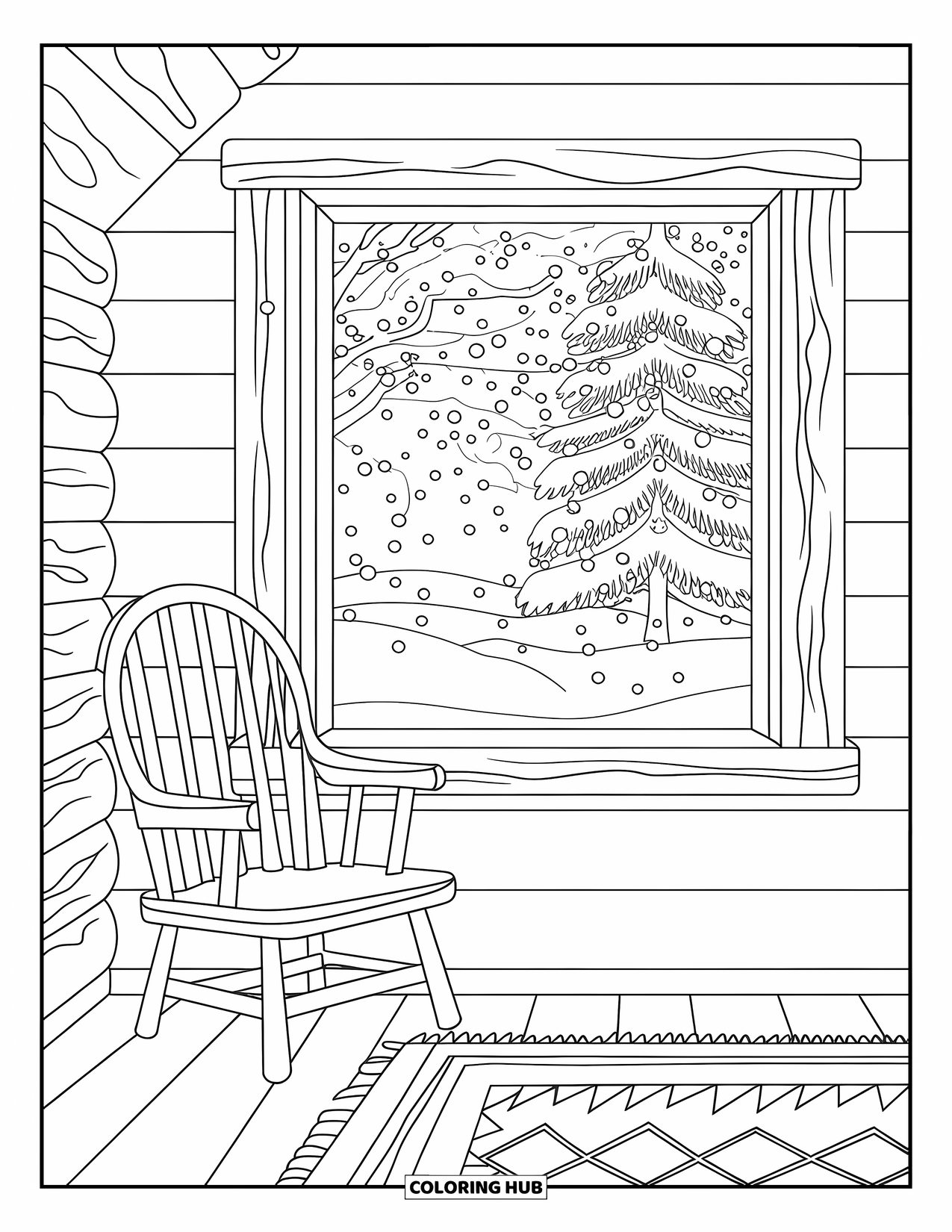 Christmas Tree Coloring Page for Adults: Cozy cabin interior with snowy tree view and wood-framed windows