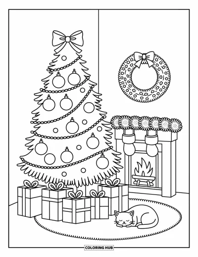 Coloriage de sapin de Noël pour adultes : Un sapin dans un coin confortable avec des cadeaux, des chaussettes et un chat qui fait la sieste à côté