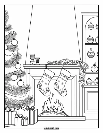 Coloriage de sapin de Noël pour adultes : Une scène réconfortante avec une cheminée, un grand sapin, des chaussettes et des étagères d'ornements