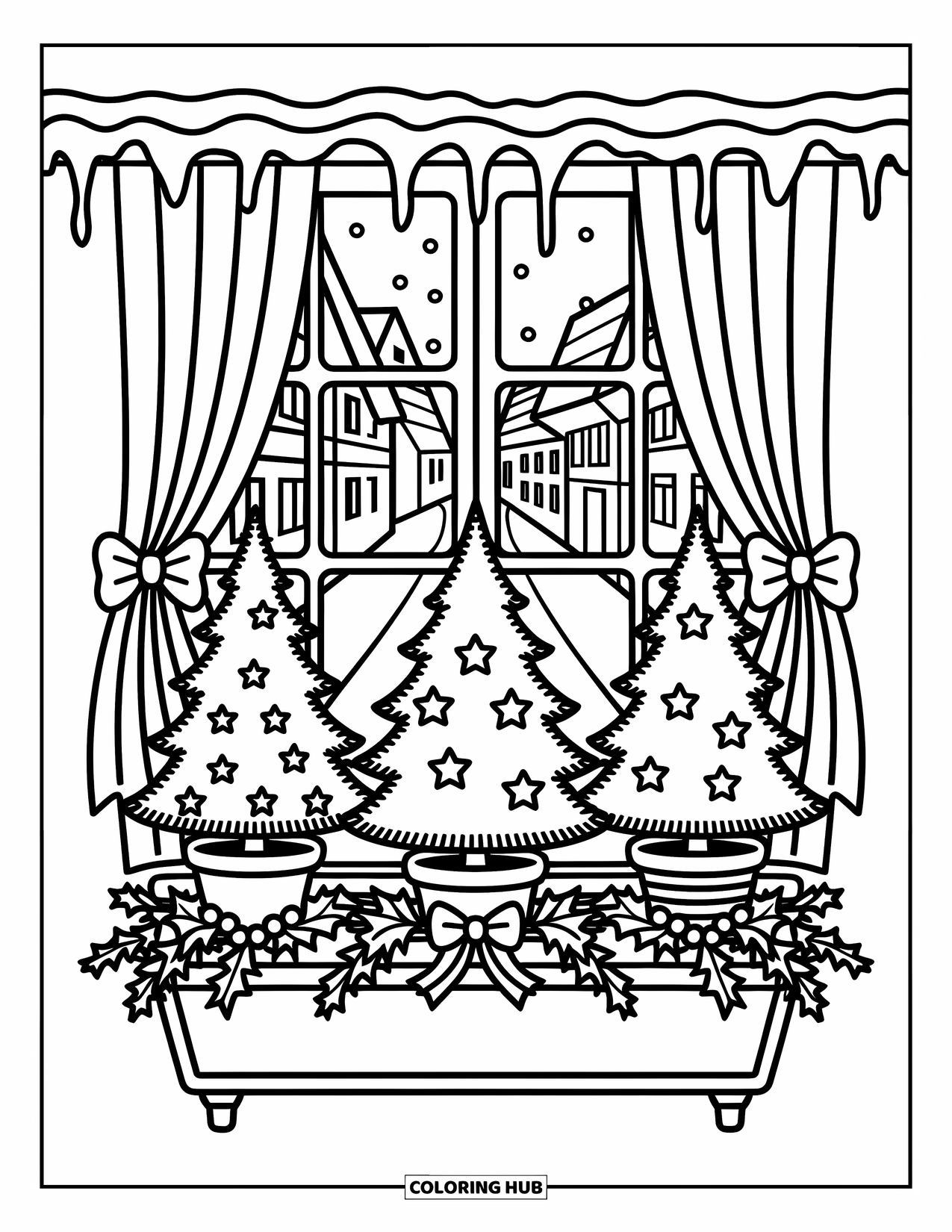 Christmas Tree Coloring Page for Adults: Cozy pots hold tiny trees in a window box with snow and tied-back curtains