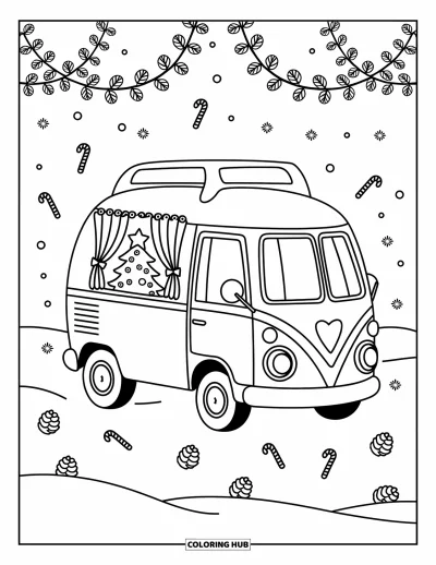 Coloriage de sapin de Noël pour adultes : Un adorable van avec des guirlandes, un sapin dans la fenêtre et des bonbons éparpillés dans la neige