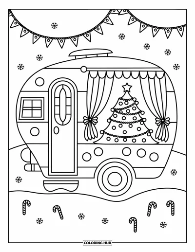 Coloriage de sapin de Noël pour adultes : Un van aménagé décoré avec un sapin et des rideaux dans un cadre enneigé paisible