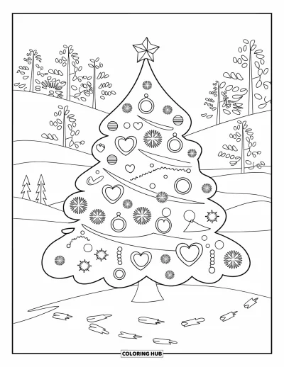 Coloriage de sapin de Noël pour adultes : Un sapin décoré dans un paysage enneigé avec des empreintes et une forêt de pins au loin