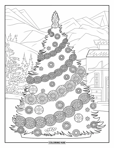 Coloriage de sapin de Noël pour adultes : Un élégant sapin avec des fleurs et des guirlandes dans un paysage montagneux enneigé