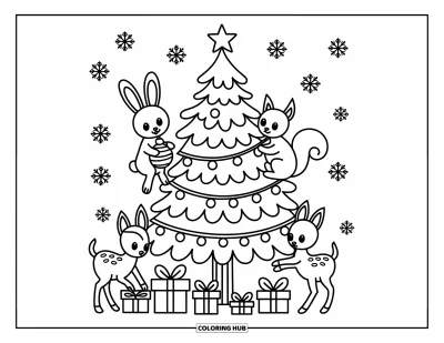 Coloriage de sapin de Noël pour adultes : Des animaux de la forêt décorent un joyeux sapin avec des flocons de neige qui tombent doucement autour d'eux