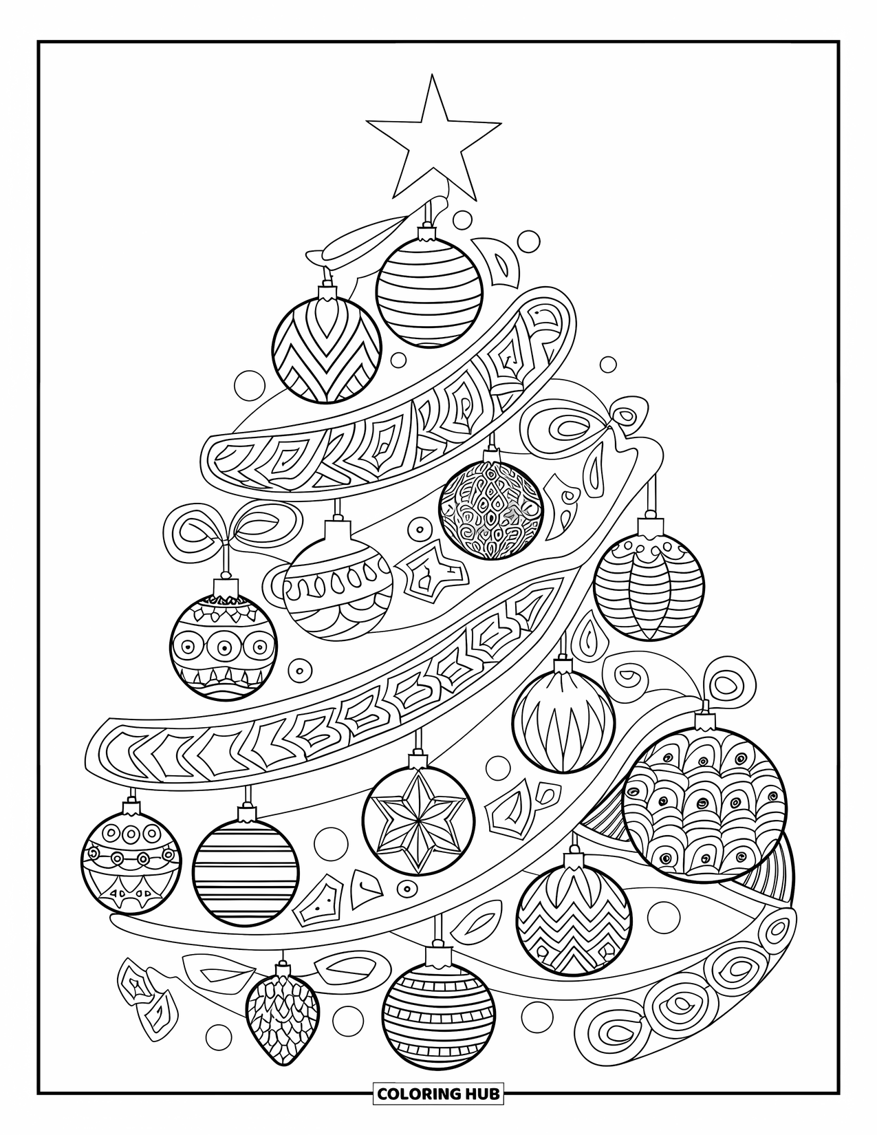 Christmas Tree Coloring Page for Adults: Intricate tree mandala with star topper and decorative patterns throughout