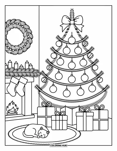 Coloriage de sapin de Noël pour adultes : Un sapin de salon avec des ornements, des guirlandes et un chat lové près des cadeaux