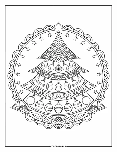 Coloriage de sapin de Noël pour adultes : Un sapin de style mandala avec des branches à motifs et des boules dans un cadre blanc