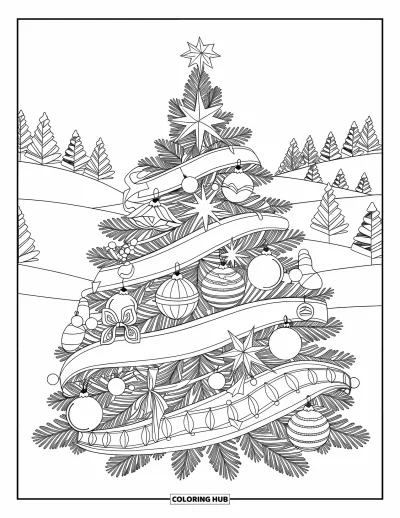 Coloriage de sapin de Noël pour adultes : Un sapin mandala avec des étoiles et des rubans dans un décor extérieur enneigé