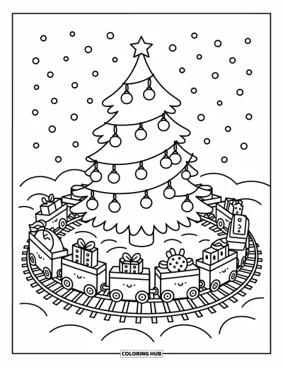 Coloriage de sapin de Noël pour adultes : Un train espiègle rempli de cadeaux tourne autour d'un sapin festif et décoré