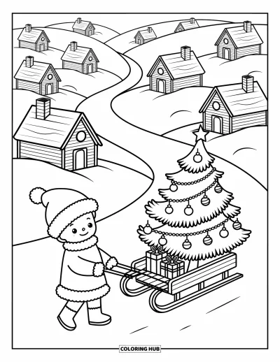Coloriage de sapin de Noël pour adultes : Un traîneau avec un sapin et des ornements tintinnabulants glisse devant de jolies collines avec des chalets