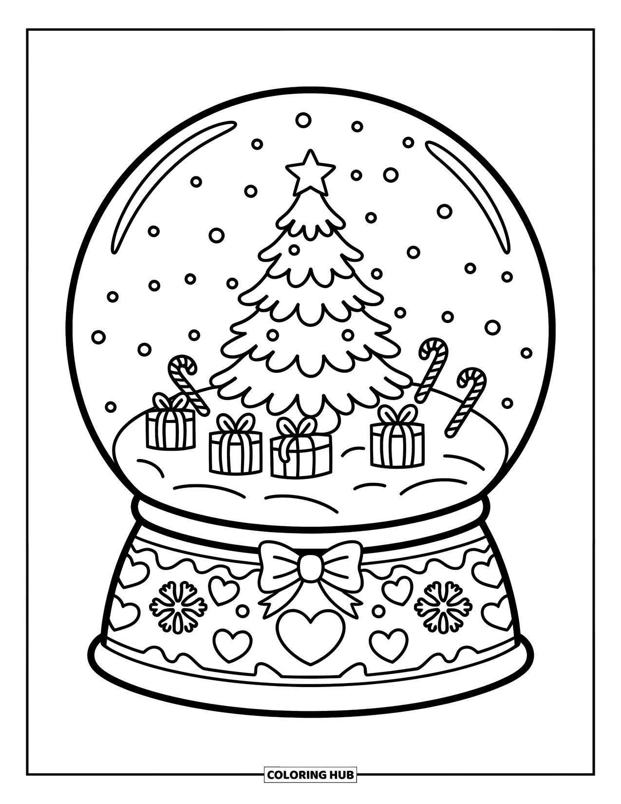 Christmas Tree Coloring Page for Adults: Snow globe with a cozy tree, tiny gifts, and swirling snowflakes inside