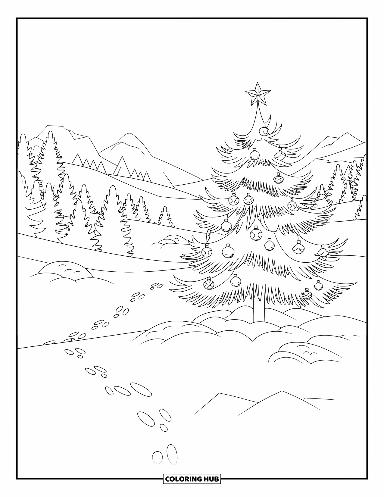 Christmas Tree Coloring Page for Adults: Snowy landscape with a tree, ornaments, mountains, and clear sky