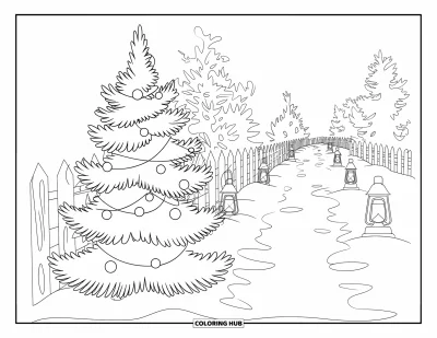 Coloriage de sapin de Noël pour adultes : Un chemin enneigé avec des pins et des lanternes près d'un sapin de Noël décoré