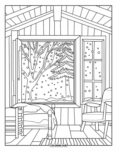 Coloriage de sapin de Noël pour adultes : Un sapin enneigé vu depuis la fenêtre d'un chalet aux meubles simples et chaleureux