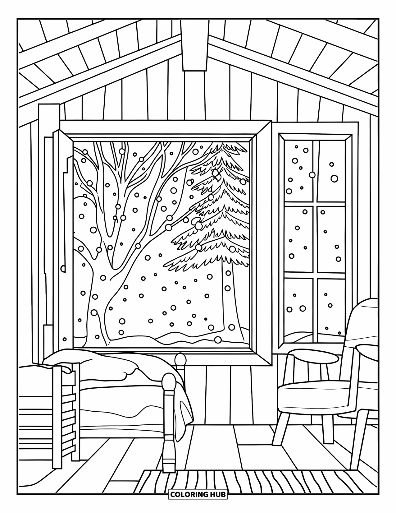 Christmas Tree Coloring Page for Adults: Snowy tree outside a window in a cabin with simple, cozy furnishings