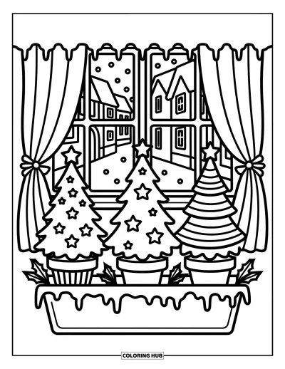 Coloriage de sapin de Noël pour adultes : Trois petits sapins dans des pots festifs près d'une fenêtre givrée avec des glaçons suspendus