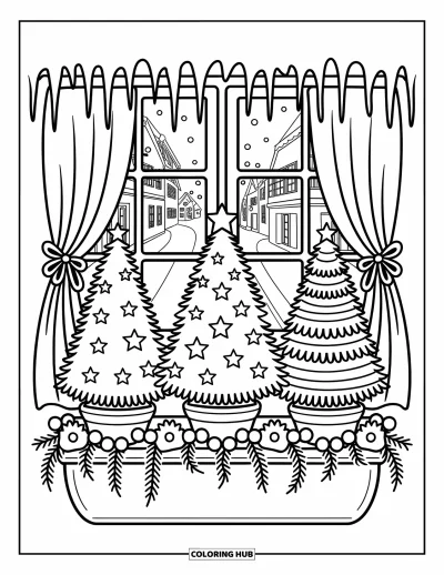 Coloriage de sapin de Noël pour adultes : Trois petits sapins en pots dans une jardinière au-dessus d'une rue enneigée