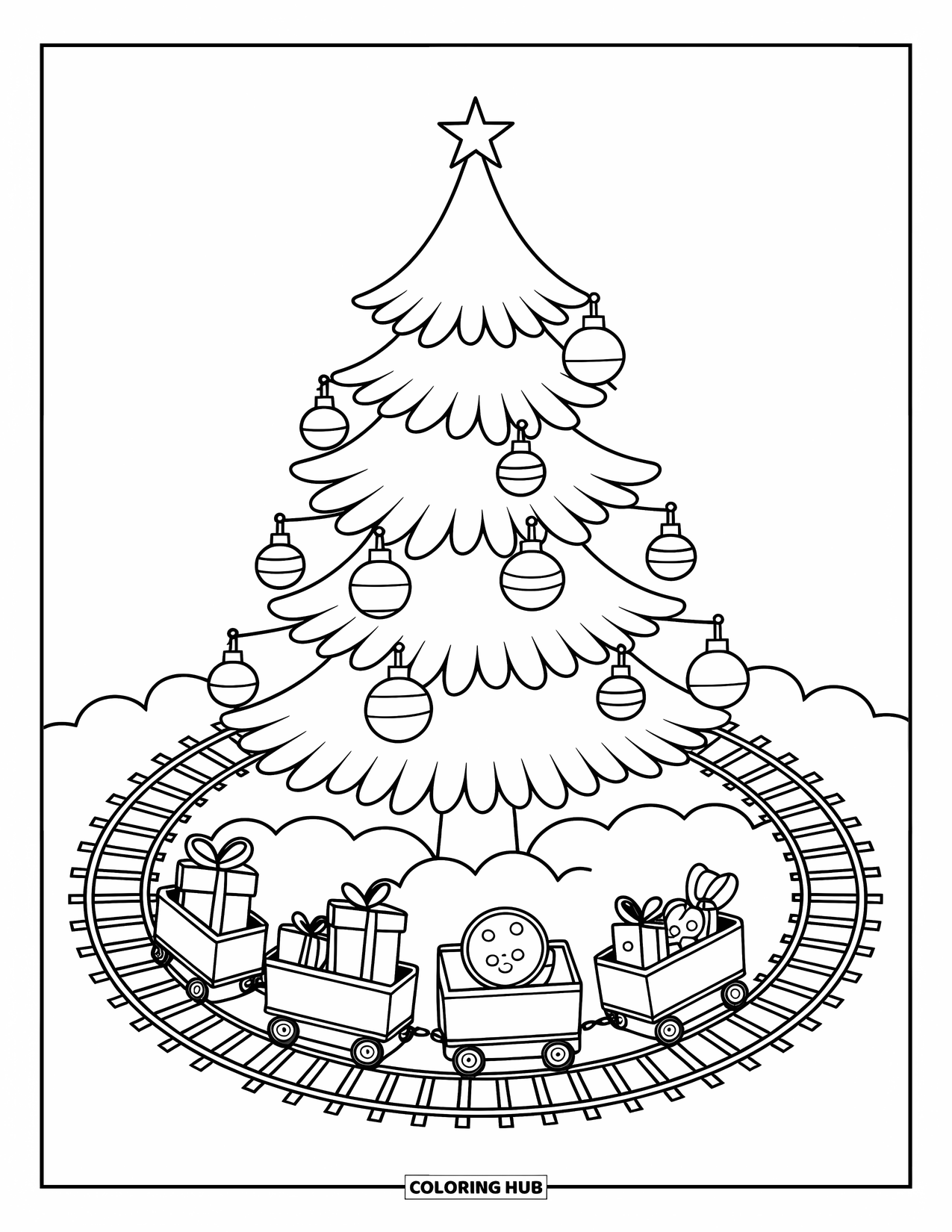 Christmas Tree Coloring Page for Adults: Tiny train and treats circle a cute tree in soft, fluffy snow