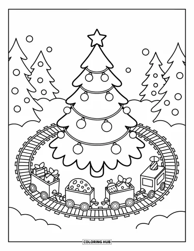 Coloriage de sapin de Noël pour adultes : Un train fait le tour d'un adorable sapin entouré de cadeaux et de collines enneigées