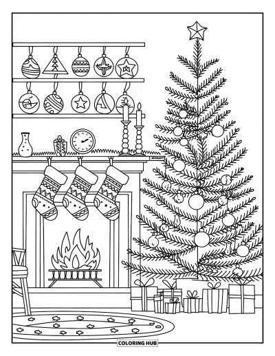 Coloriage de sapin de Noël pour adultes : Un sapin et une cheminée avec des chaussettes et une étagère de décorations festives