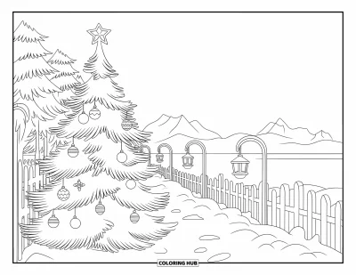 Coloriage de sapin de Noël pour adultes : Un sapin près d'un chemin enneigé avec des clôtures, des lanternes et une vue sur les montagnes