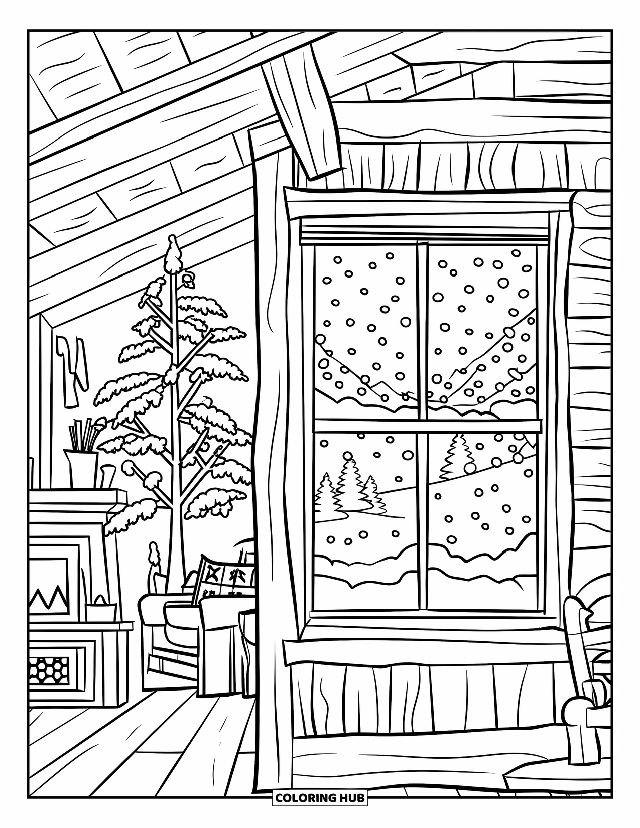 Christmas Tree Coloring Page for Adults: Tree by a cabin window during a snowy storm with rustic wooden furniture