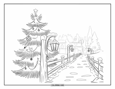 Coloriage de sapin de Noël pour adultes : Un sapin près d'un chemin enneigé avec des clôtures, des lanternes et un décor hivernal rustique