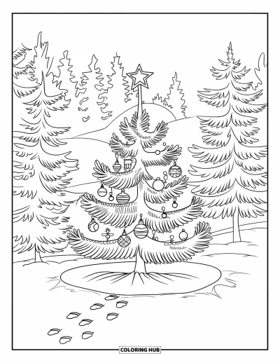 Coloriage de sapin de Noël pour adultes : Un sapin dans une clairière enneigée avec des empreintes et une forêt de pins couverts de neige