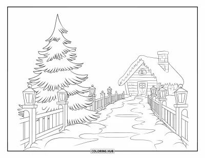 Coloriage de sapin de Noël pour adultes : Un sapin près d'un chemin enneigé bordé de lanternes et un chalet confortable à proximité