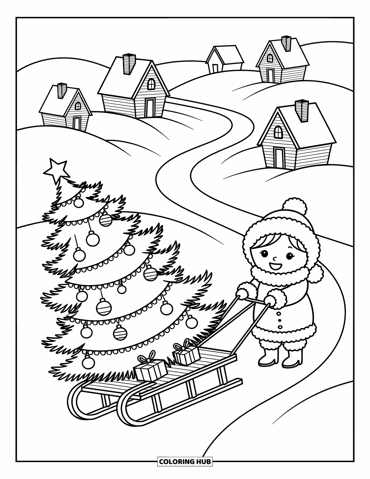 Christmas Tree Coloring Page for Adults: Tree on a sled pulled by a joyful child through gently rolling snowy paths