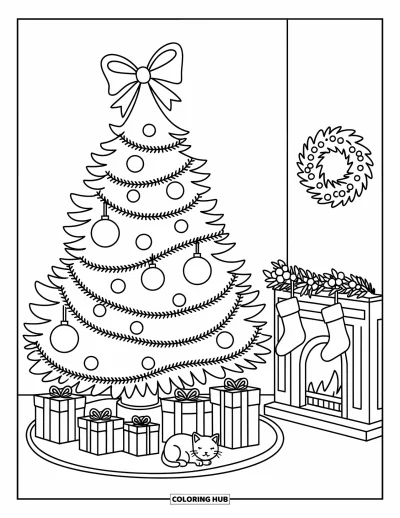 Coloriage de sapin de Noël pour adultes : Un sapin avec de grosses boules, un nœud au sommet et un chat endormi à proximité