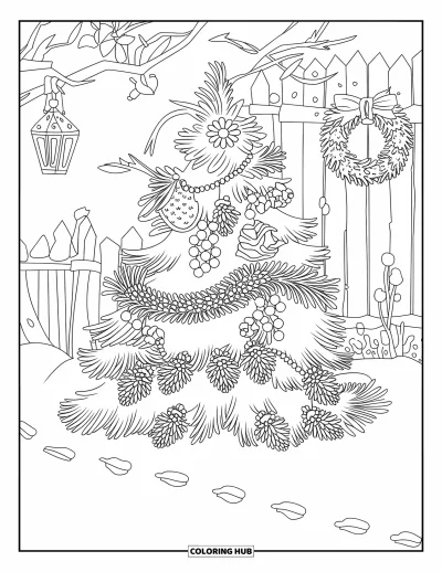 Coloriage de sapin de Noël pour adultes : Un sapin avec des décorations florales et des pommes de pin près d'une clôture et d'une couronne