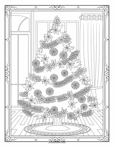 Coloriage de sapin de Noël pour adultes : Un sapin avec des ornements floraux, des pommes de pin, des guirlandes et une fenêtre encadrée de rideaux