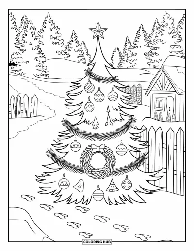 Coloriage de sapin de Noël pour adultes : Un sapin avec des ornements, une couronne et des empreintes près d'un chemin enneigé et d'une clôture