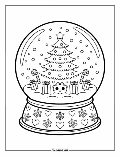 Coloriage de sapin de Noël pour adultes : Un sapin avec des friandises amusantes dans une boule à neige avec des cœurs et des flocons sur le socle