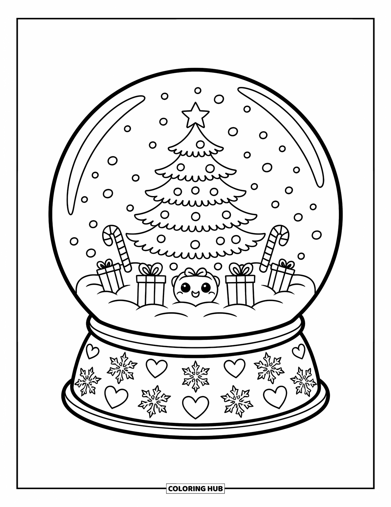 Christmas Tree Coloring Page for Adults: Tree with playful treats inside a snow globe with hearts and snowflakes on the base