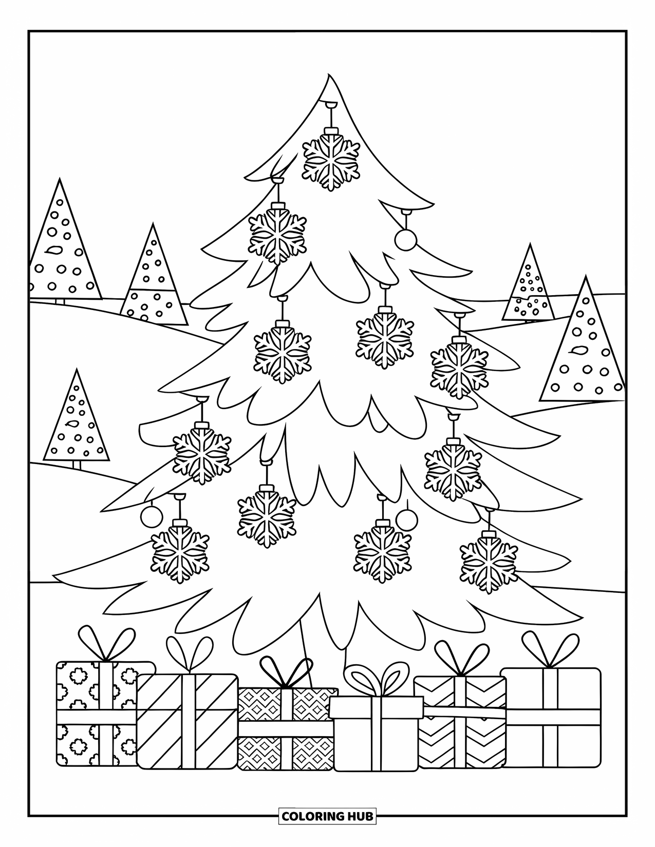 Christmas Tree Coloring Page for Adults: Tree with snowflake ornaments and gifts in a hilly winter landscape