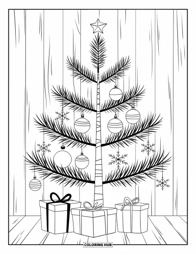 Coloriage de sapin de Noël pour adultes : Un sapin avec des cadeaux emballés sur une plateforme en bois et une étoile au sommet