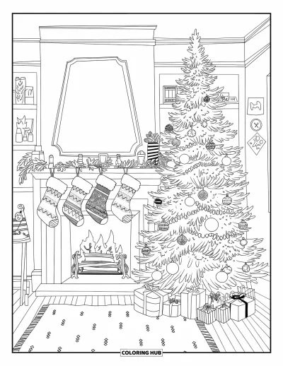 Coloriage de sapin de Noël pour adultes : Une pièce chaleureuse avec une cheminée, un sapin, un tapis et des décorations suspendues