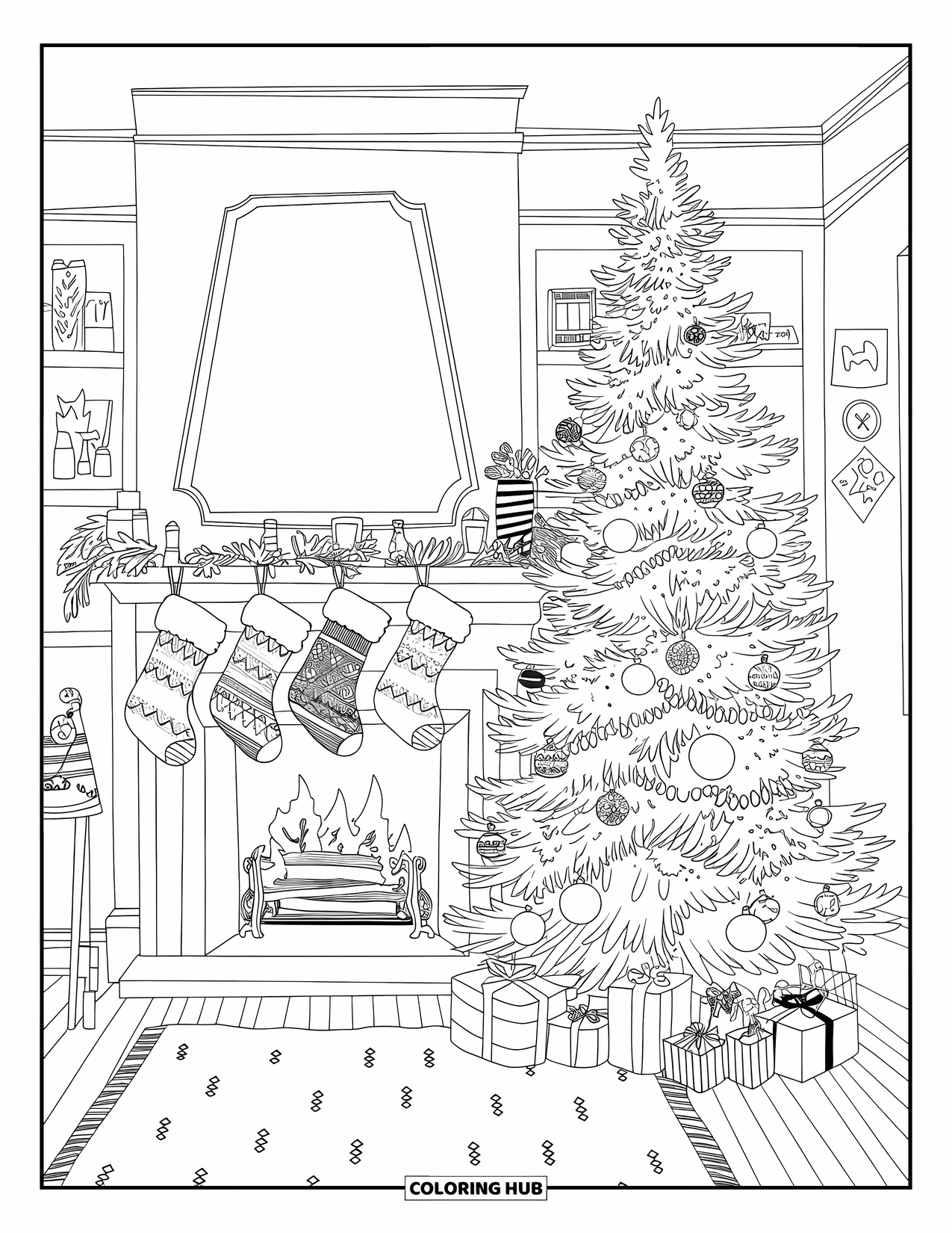 Christmas Tree Coloring Page for Adults: Warm room with fireplace, tree, rug, and hanging decorations