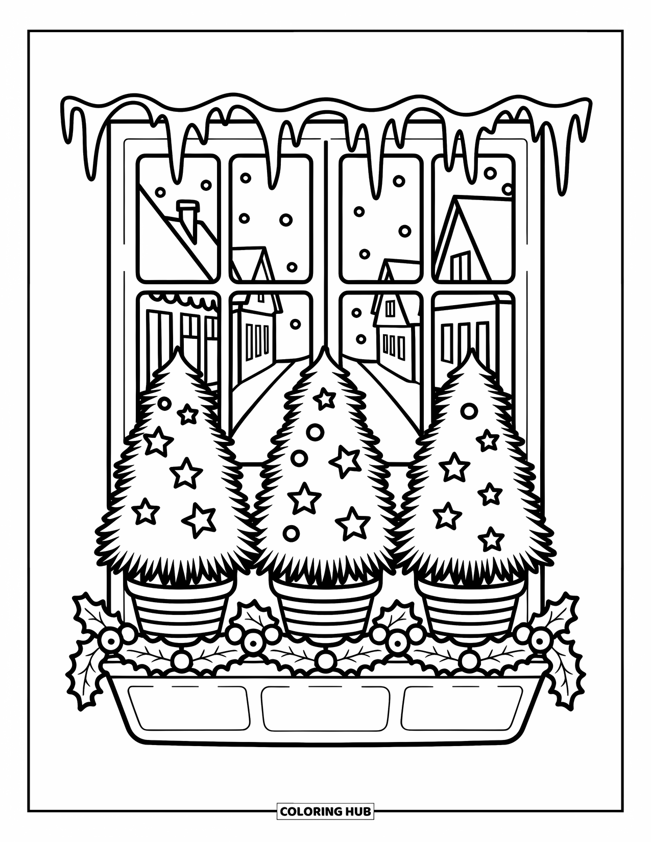 Christmas Tree Coloring Page for Adults: Window box trees with holly pots and snowy village behind