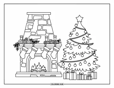 Coloriage de sapin de Noël pour enfants : Une scène chaleureuse avec un sapin, une cheminée, des chaussettes et une atmosphère réconfortante