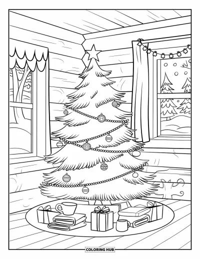 Coloriage de sapin de Noël pour enfants : Un sapin de chalet avec des livres, des tasses et un décor enneigé à l'extérieur