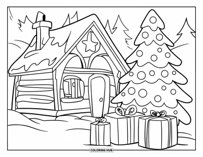 Coloriage de sapin de Noël pour enfants : Un chalet avec une cheminée, un sapin, un sol enneigé et des boîtes de cadeaux dans un décor hivernal