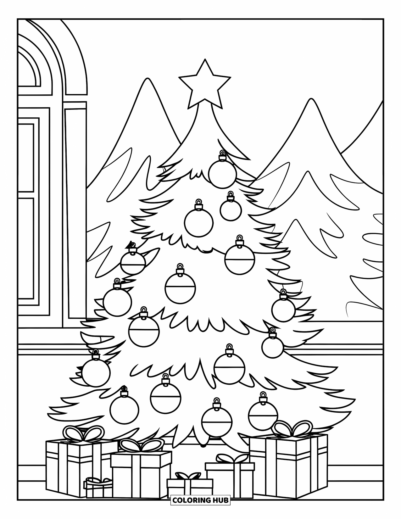 Christmas Tree Coloring Page for Kids: Christmas tree by a big window with snowy mountains outside