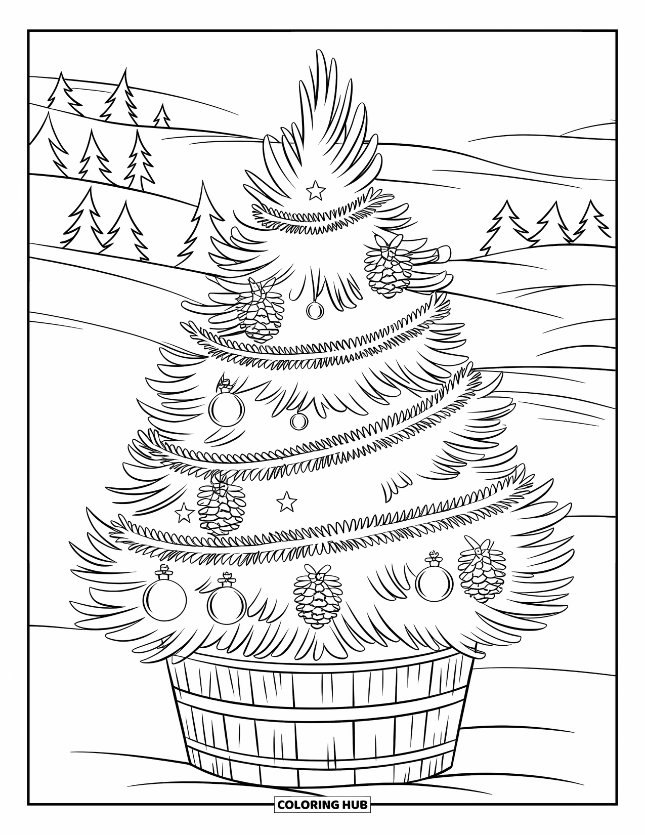Christmas Tree Coloring Page for Kids: Christmas tree in a snowy landscape with garlands and star-topped pinecones