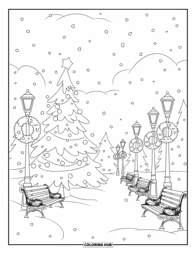 Coloriage de sapin de Noël pour enfants : Un sapin de Noël dans un parc enneigé avec des bancs, des couronnes et des lampadaires