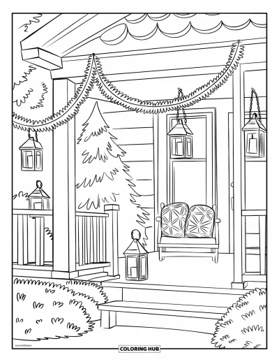 Coloriage de sapin de Noël pour enfants : Un porche accueillant avec des guirlandes de pin, des lanternes et un sapin décoré