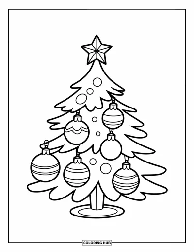 Coloriage de sapin de Noël pour enfants : Un adorable sapin avec cinq grosses boules et une étoile au sommet